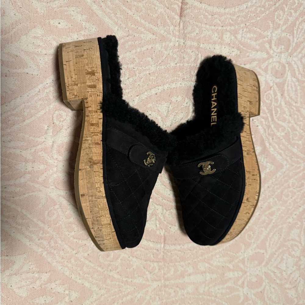Chanel Black Clogs Quilted Mules with Gold Accents